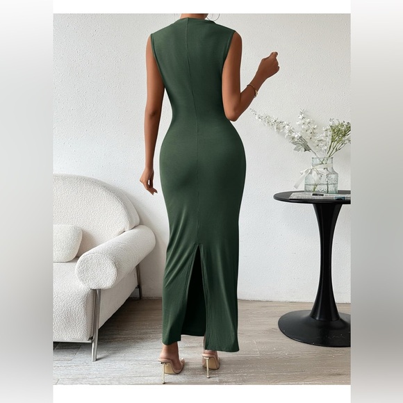BTFBM Women's Ruched Bodycon Green Cowl Neck Maxi Dress - Picture 2 of 6